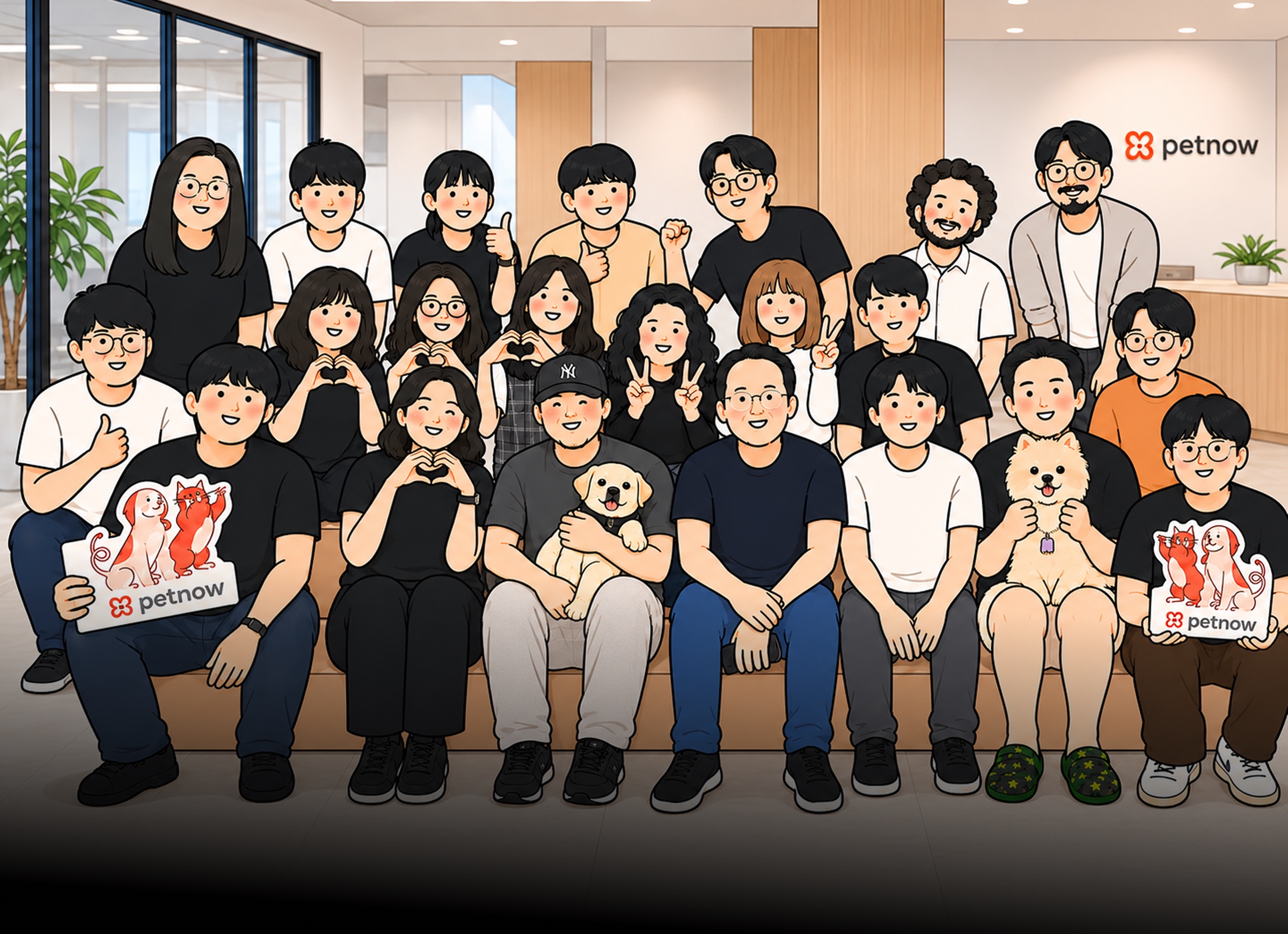 펫나우 팀원들이 반려견과 함께 모여 있는 일러스트