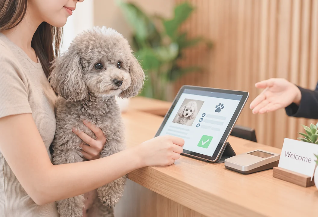 Tierhalterin hält einen Hund und bestätigt den Check-in auf einem Tablet am Empfang