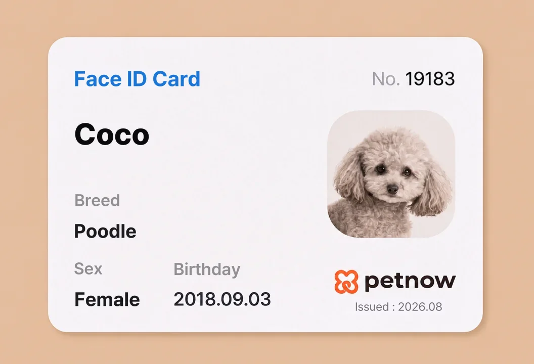 Petnow-Gesichtsregistrierungskarte mit Foto und Registrierungsdaten eines Hundes