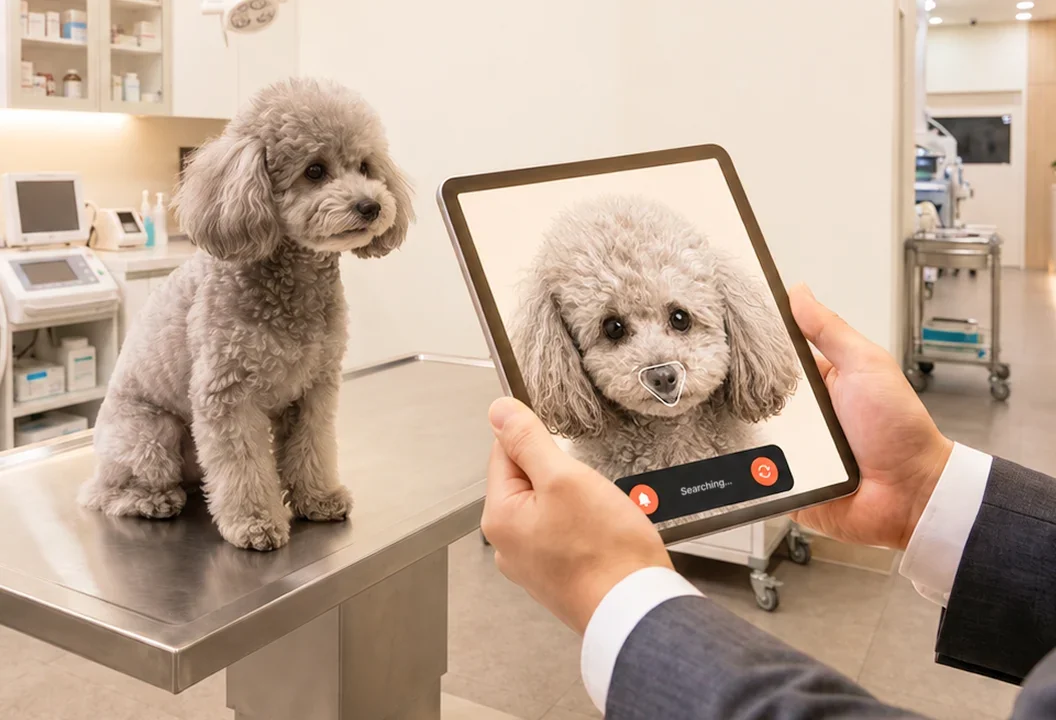 Mitarbeiterin scannt in einer Tierklinik den Nasenabdruck eines Hundes mit einem Tablet