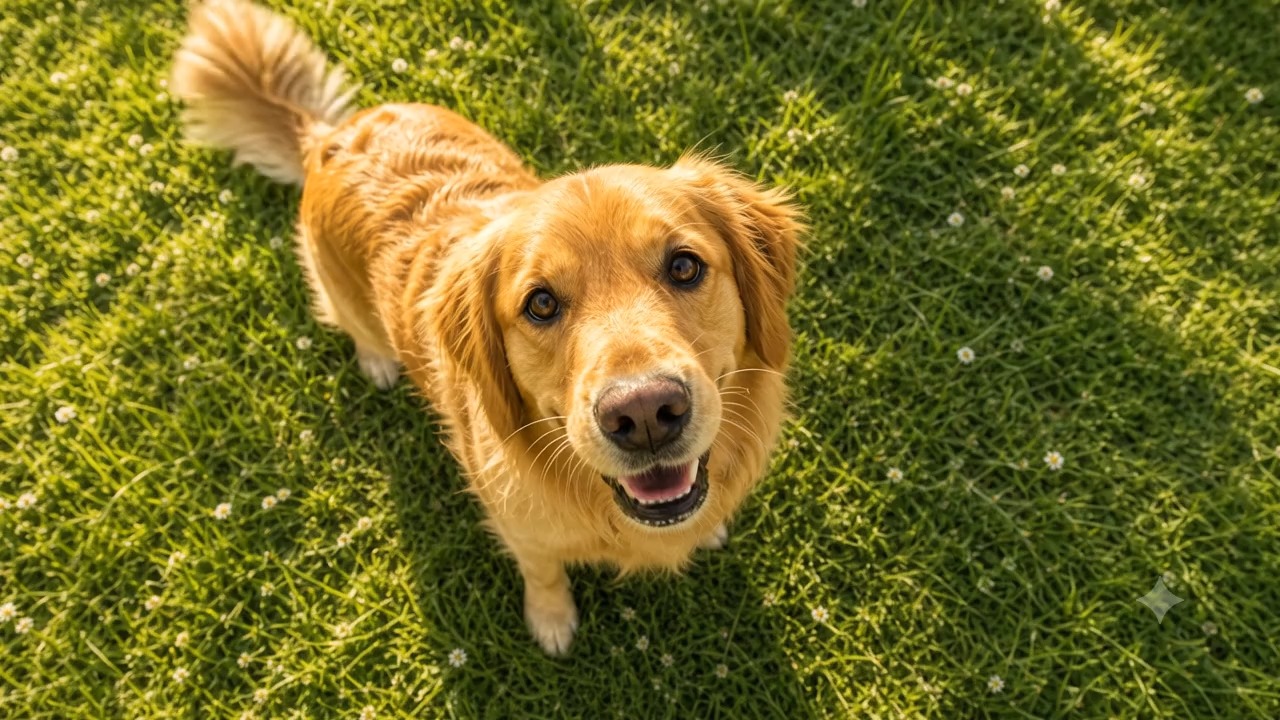 Golden Retriever blickt auf der Wiese in die Kamera
